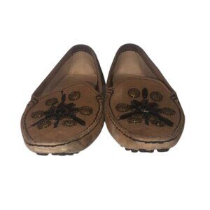 TODS Loafers Women's Size US7.5 Brown Tan Cross Beading Flat Shoes